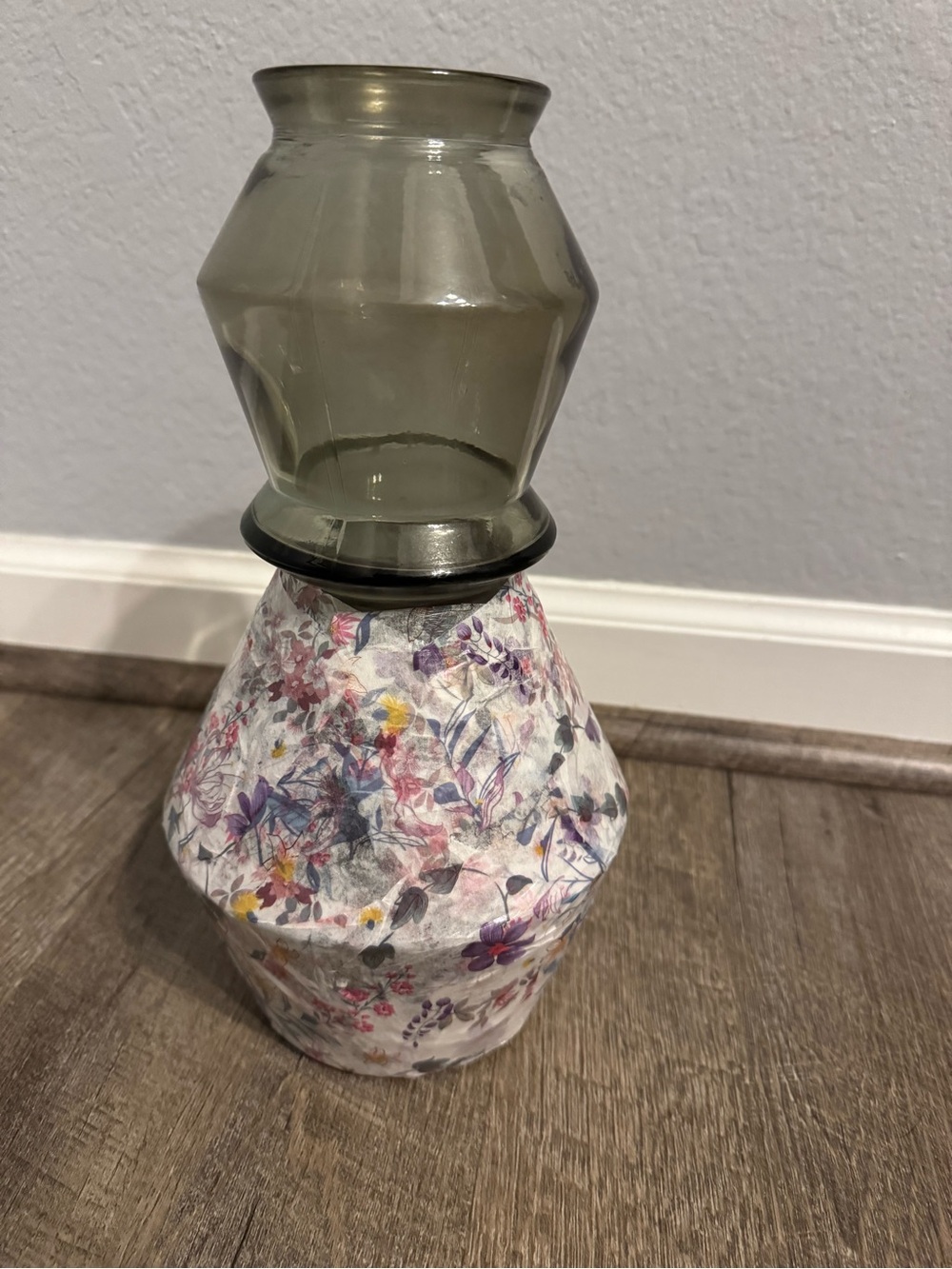 Floral Accent Table Vase in Smoke Glass and Multi Floral